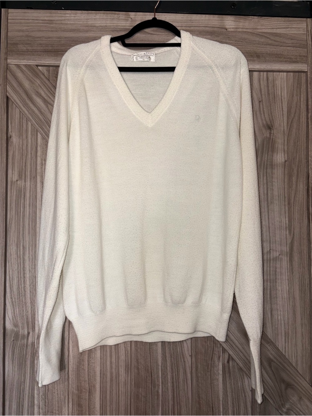Vintage Christian Dior V Neck Men’s Sweater L Ivory CD Logo Made USA